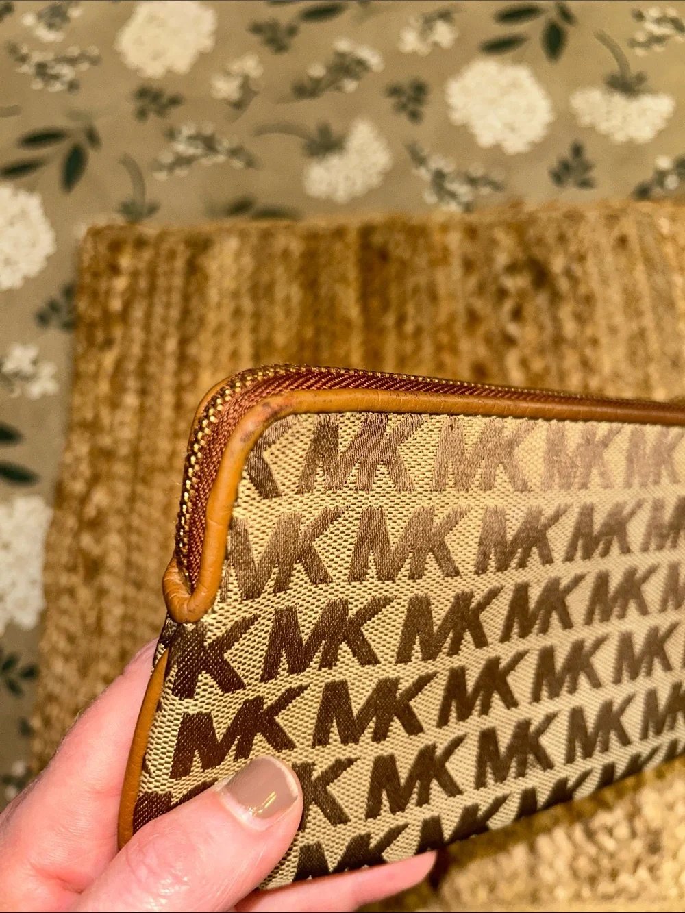 Michael Kors Brown Monogram Wristlet with Gold Logo
